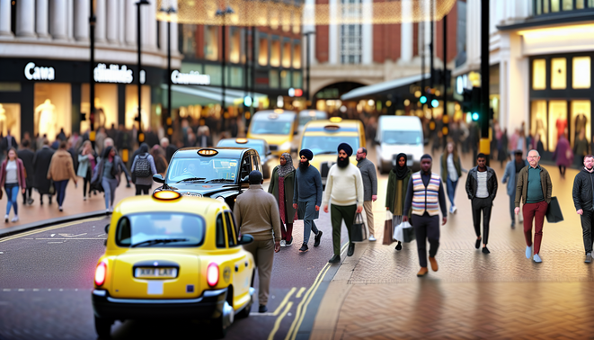 alt_text: A bustling Birmingham street with taxis, iconic landmarks, and diverse pedestrians in motion.