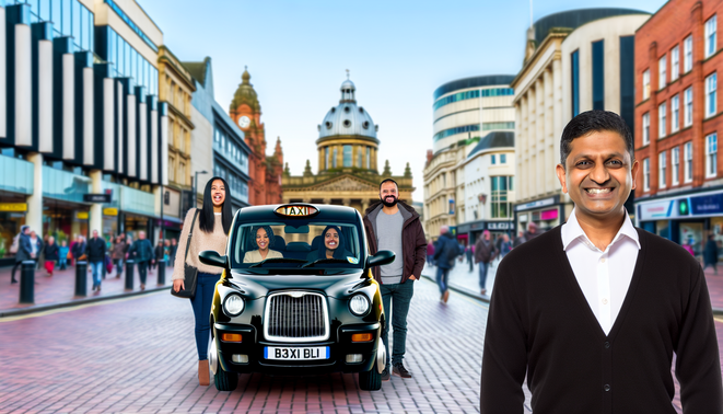 alt_text: A bustling Birmingham street with a friendly black taxi, happy passengers, and iconic landmarks.