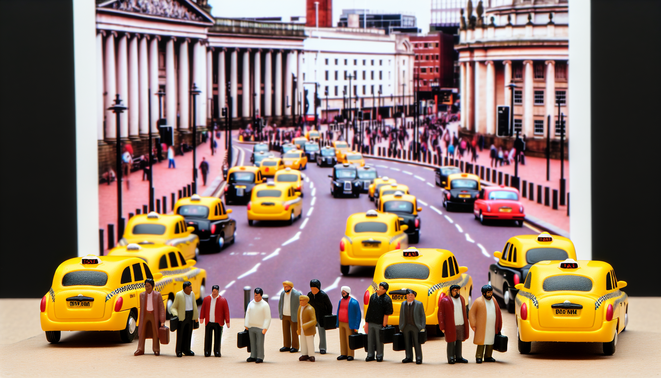 alt_text: Vibrant city scene in Birmingham with bustling taxis, iconic landmarks, and diverse commuters.