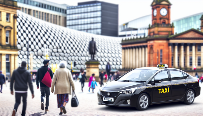 alt_text: A vibrant Birmingham scene with a sleek taxi, iconic landmarks, diverse pedestrians, and urban life.