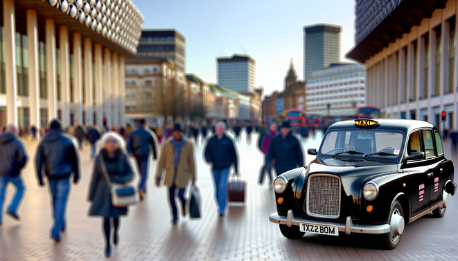 alt_text: A dynamic Birmingham street scene showcasing a classic taxi among iconic landmarks and lively pedestrians.