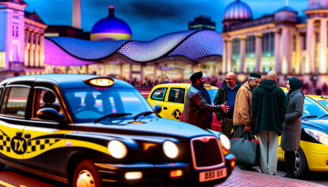 alt_text: Vibrant Birmingham taxi scene with diverse taxis, Bullring, and bustling urban life at dusk.