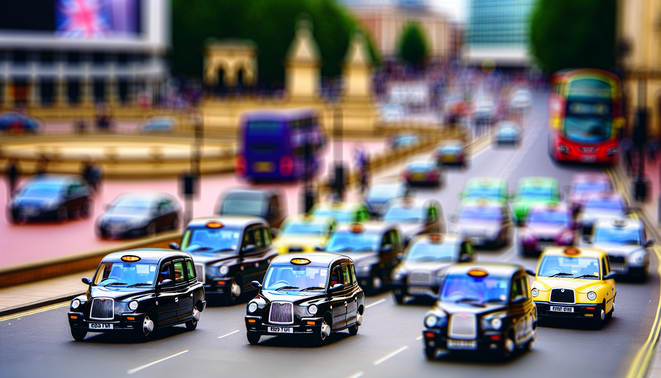 alt_text: "Vibrant Birmingham taxi scene with diverse vehicles, landmarks, and a lively urban atmosphere."