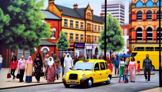 alt_text: A vibrant Birmingham street with a yellow taxi, iconic landmarks, and lively pedestrians showcasing community.
