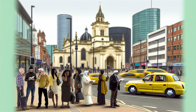 alt_text: A bustling Birmingham scene with a yellow taxi, iconic landmarks, and diverse people.