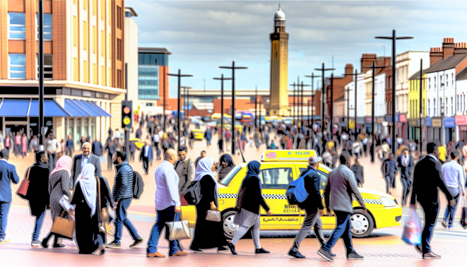 alt_text: Busy Birmingham street with a yellow taxi, iconic landmarks, and a diverse crowd, vibrant atmosphere.