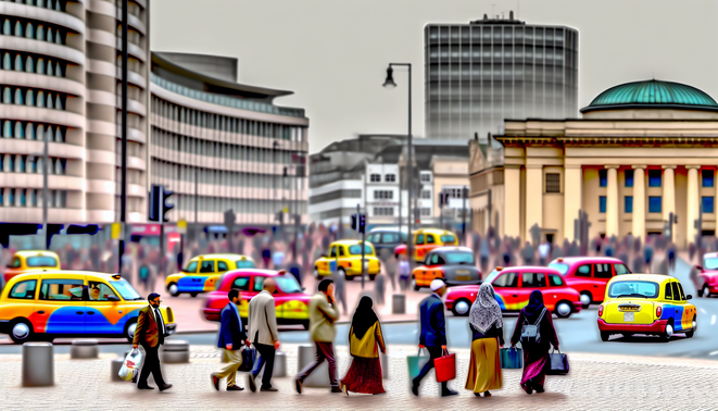 alt_text: A vibrant Birmingham scene with colorful taxis, iconic landmarks, and bustling city life.