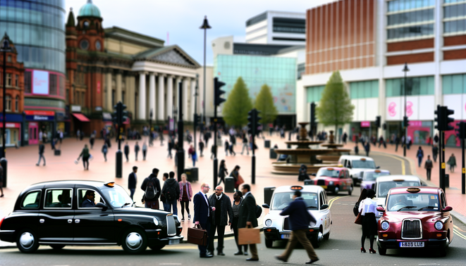 alt_text: A lively Birmingham taxi scene with iconic landmarks, diverse taxis, and engaged city life.