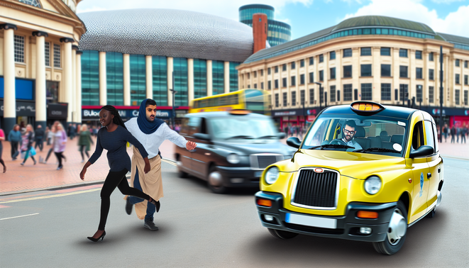 alt_text: A vibrant Birmingham scene with a modern taxi, iconic Bullring, and diverse passengers in motion.