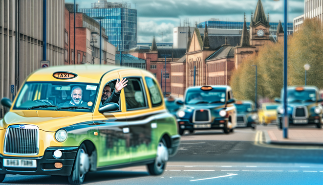 alt_text: A vibrant Birmingham street with diverse taxis, a friendly driver, and iconic landmarks bustling with life.