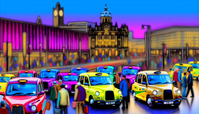 alt_text: A lively Birmingham taxi scene with colorful cabs, iconic landmarks, and diverse people at dusk.