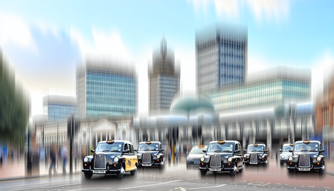 alt_text: A vibrant Birmingham taxi scene with black cabs, modern vehicles, and iconic skyline landmarks.