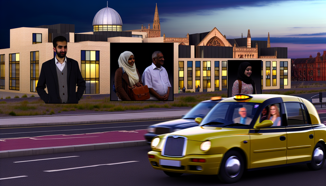 alt_text: A busy Birmingham street with a modern taxi, diverse passengers, and iconic landmarks at dusk.
