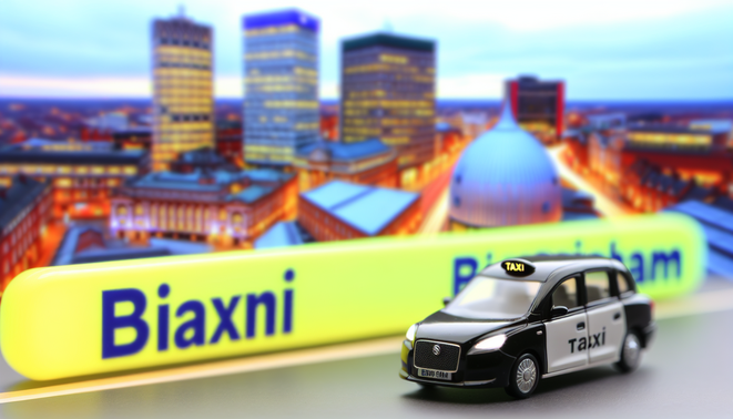 alt_text: A vibrant Birmingham cityscape with a friendly taxi, showcasing urban transportation convenience.