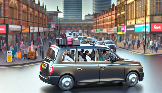alt_text: A bustling Birmingham street with a modern taxi, landmarks, and diverse passengers in action.