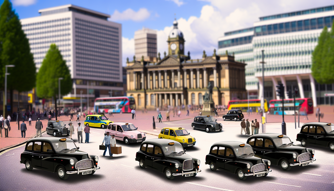 alt_text: A vibrant Birmingham taxi scene featuring iconic landmarks, diverse taxis, and lively city life.