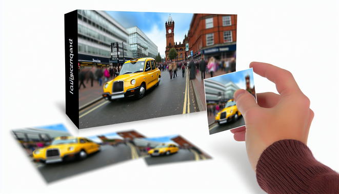alt_text: A vibrant Birmingham street with a yellow taxi, iconic landmarks, and bustling urban life.