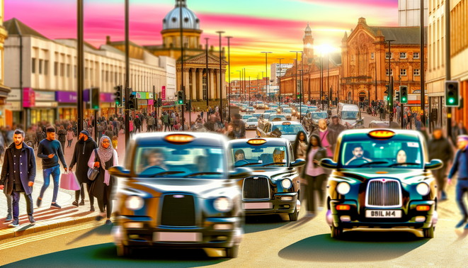 alt_text: A vibrant Birmingham street scene with diverse taxis and people against iconic landmarks at sunset.