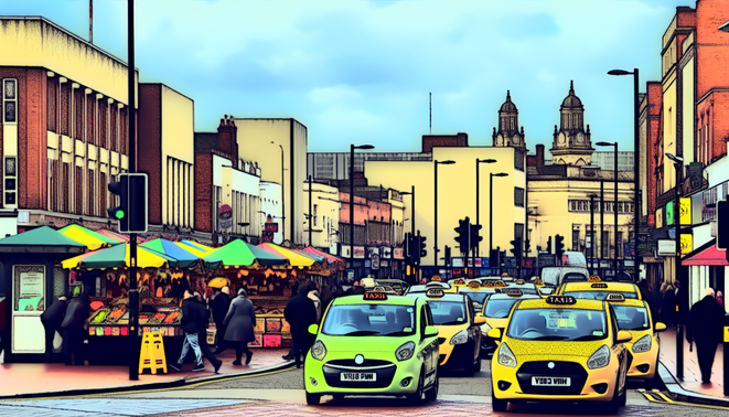alt_text: A lively Birmingham street filled with diverse taxis, landmarks, pedestrians, and local cuisine.