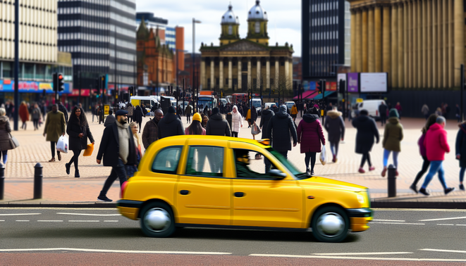 alt_text: A vibrant Birmingham street scene featuring a yellow taxi, iconic landmarks, and diverse city life.
